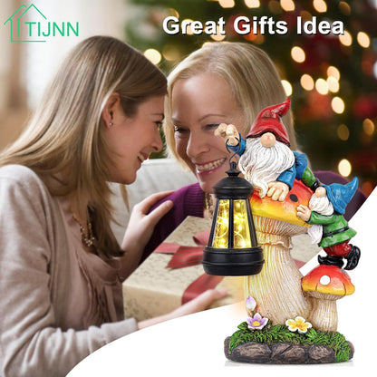 TIJNN Solar Garden Statue Gnomes Figurine Lights,Funny Gnomes Standing on Mushrooms with Lanterns, with Lanterns Outdoor Yard Decorations for Patio Porch Home, Garden Gifts for Women Mom