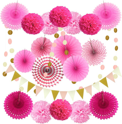 ZERODECO Party Decoration, 21 Pcs Pink Hanging Paper Fans, Pom Poms Flowers, Garlands String Polka Dot and Triangle Bunting Flags for Birthday Parties, Bridal Showers, Baby Showers, Wedding