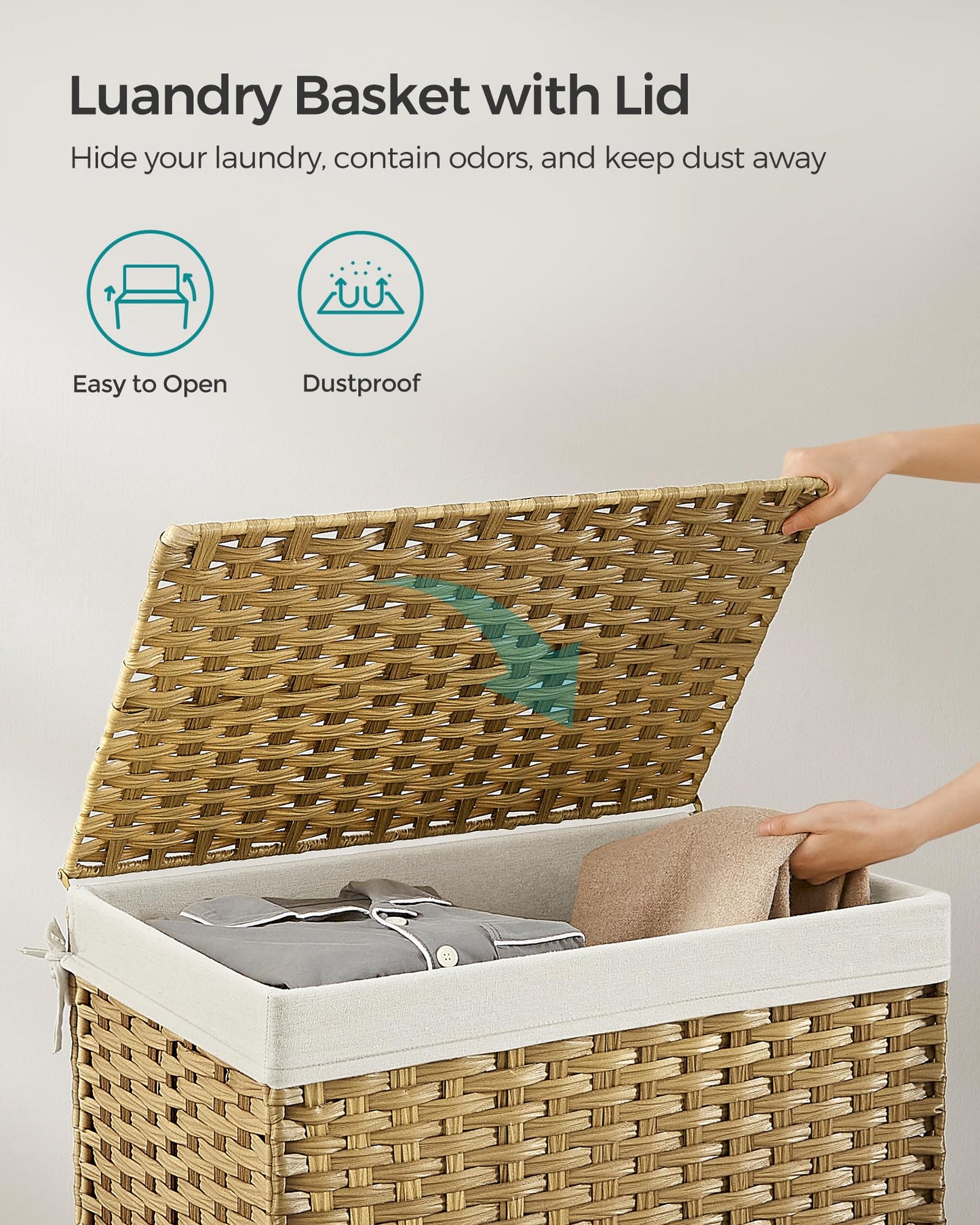 SONGMICS Storage Basket with Lid, Woven Blanket Storage Bin with Handles, Foldable, Removable