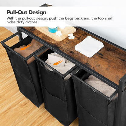 HOOBRO Laundry Sorter 3 Section, Laundry Hamper with Wheels, 3 × 11.5 Gal (43.5 L), Rolling Laundry Basket, Pull-Out and Removable Oxford Fabric Laundry Bags, Rustic Brown and Black BF76XY01