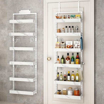 bukfen Over the Door Pantry Organizer, 6-Tier Adjustable Basket Kitchen Pantry Door Organization and Storage, Heavy-Duty Metal Hanging Kitchen Spice Rack,D6.3 x W17.32 x H50.60 inch,White Marble Color