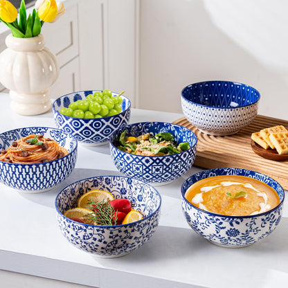 Ceramic Soup Bowls Set - 23 Oz Deep Cereal Bowl for kitchen - 6 Inch Porcelain Salad Bowl for Pasta, Dessert, Ramen - Microwave Dishwasher Safe - Set of 6 - Vintage Blue
