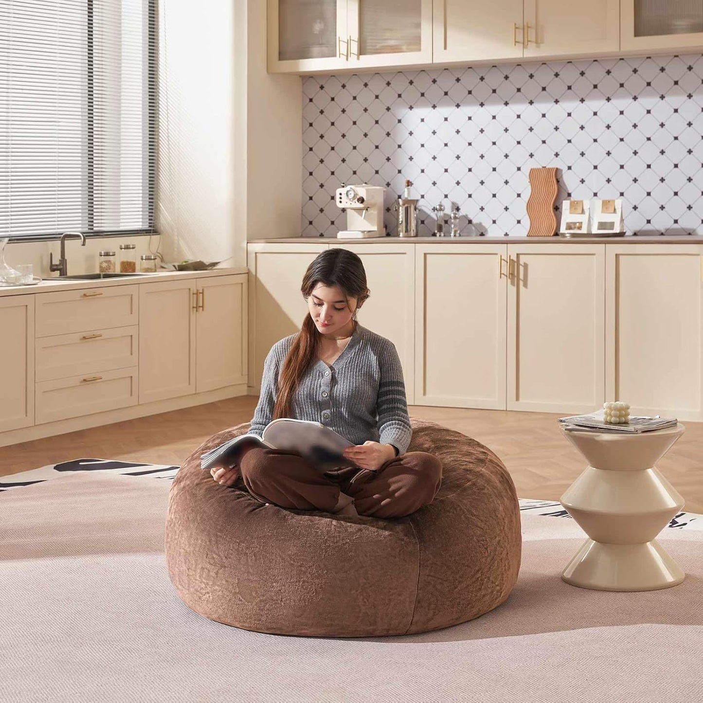 Bean Bag Chair 3Ft, Memory Foam Filled, Large Beanbag Chairs for Adults and Teens, Soft Sofa with Removable Flannel Cover, Round Couch for Living Room Bedroom College Dorm (Coffee, 3FT-36×36"×24")