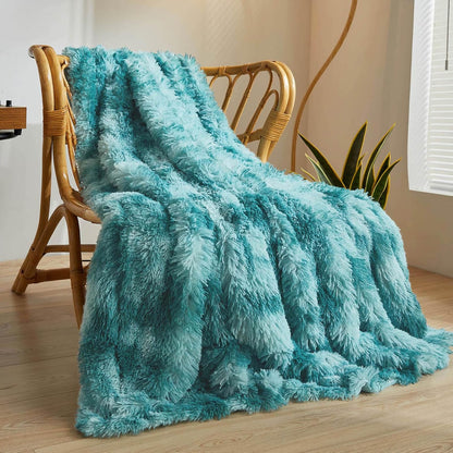 XeGe Tie Dye Plush Faux Fur Throw, Teal Soft 50x60 Shaggy Furry Blanket, Turquoise Fluffy Velvet Couch Throw, Comfy Ombre Fuzzy Lap Blanket for Bedroom Living Room Car Tie Dye Teal
