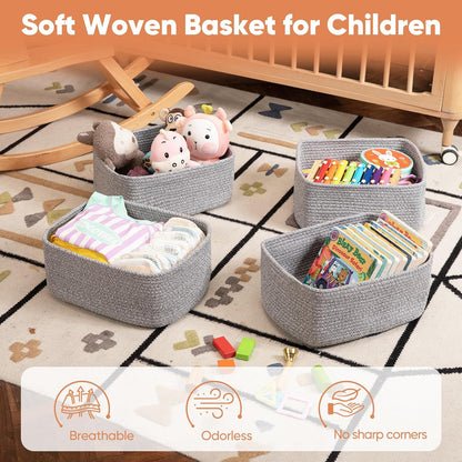 OIAHOMY 4 Pack 14.17*11.02*6.3IN Storage Baskets for Organizing Shelves, Woven Rope Baskets for Organizing Books, Clothes, Decorative Basket for Living Room, Nursery, Bedroom, Gift Basket, Grey