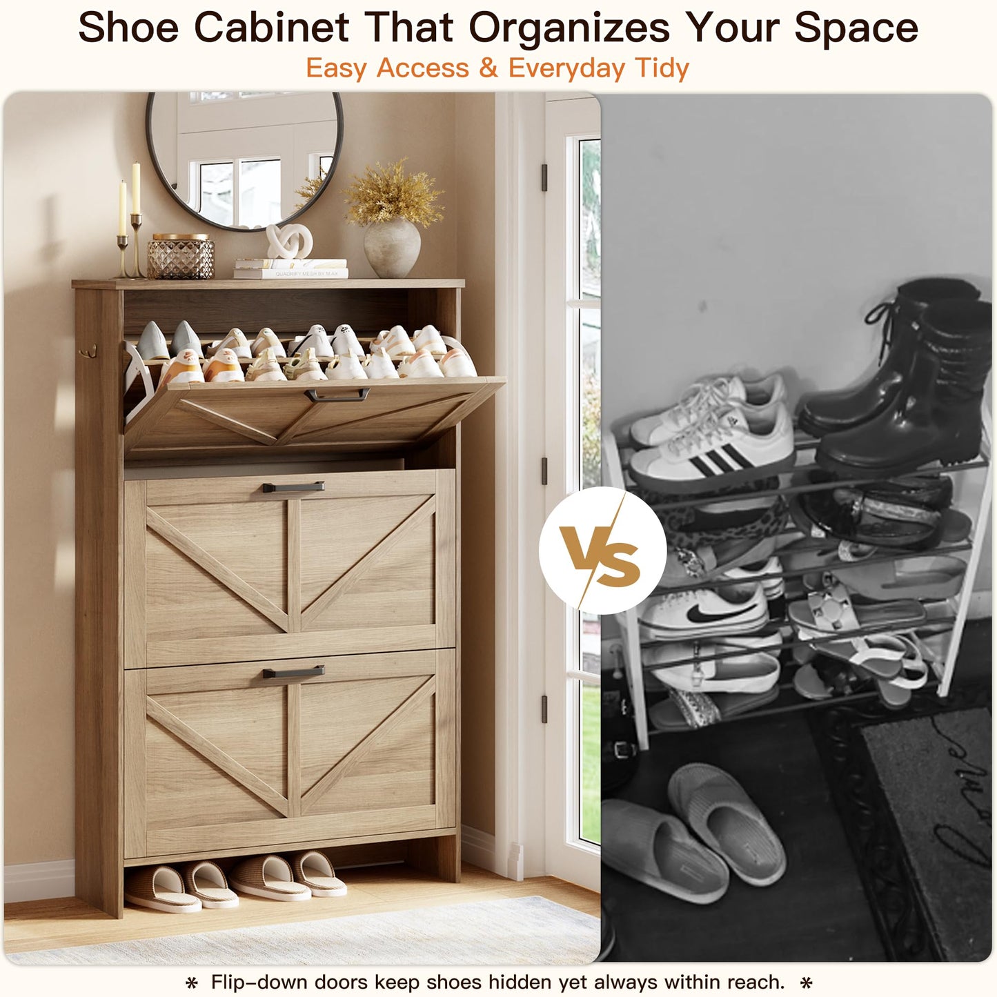 Nicetree 3-Drawer Flip Shoe Storage Tower – Slim-Profile Freestanding Rack with Adjustable 3-Tier