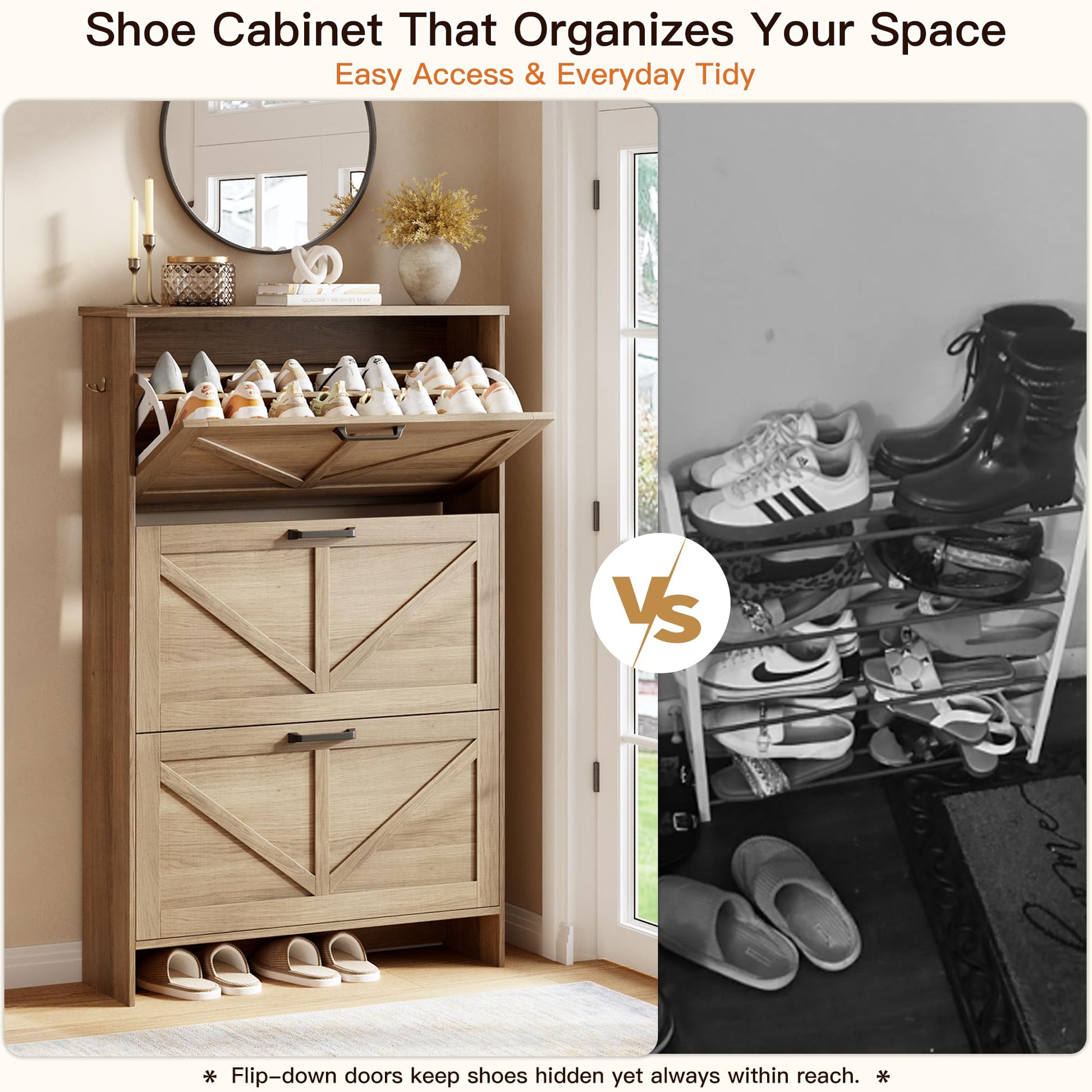 Nicetree 3-Drawer Flip Shoe Storage Tower – Slim-Profile Freestanding Rack with Adjustable 3-Tier