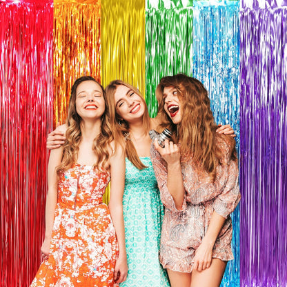 GOER 6.5 ft x 8.2 ft Metallic Tinsel Foil Fringe Curtains,Pack of 2 Party Streamer Backdrop for Birthday,Graduation Decorations and New Year Eve (Rainbow Colors)