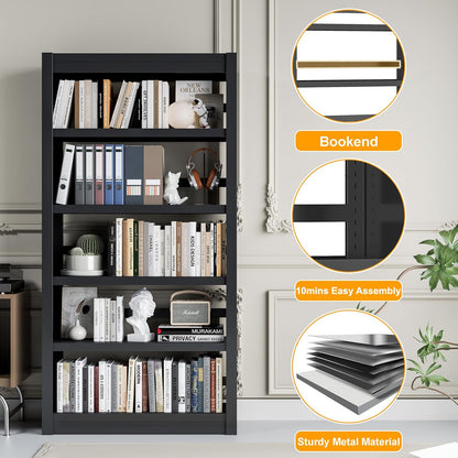 5 Tier Adjustable Black Bookcase, Metal Small Bookshelves and Bookcases, 61" H Display Modern Bookshelf for Living Rooms, Bedrooms, Home Offices, 10 Minutes Assemble