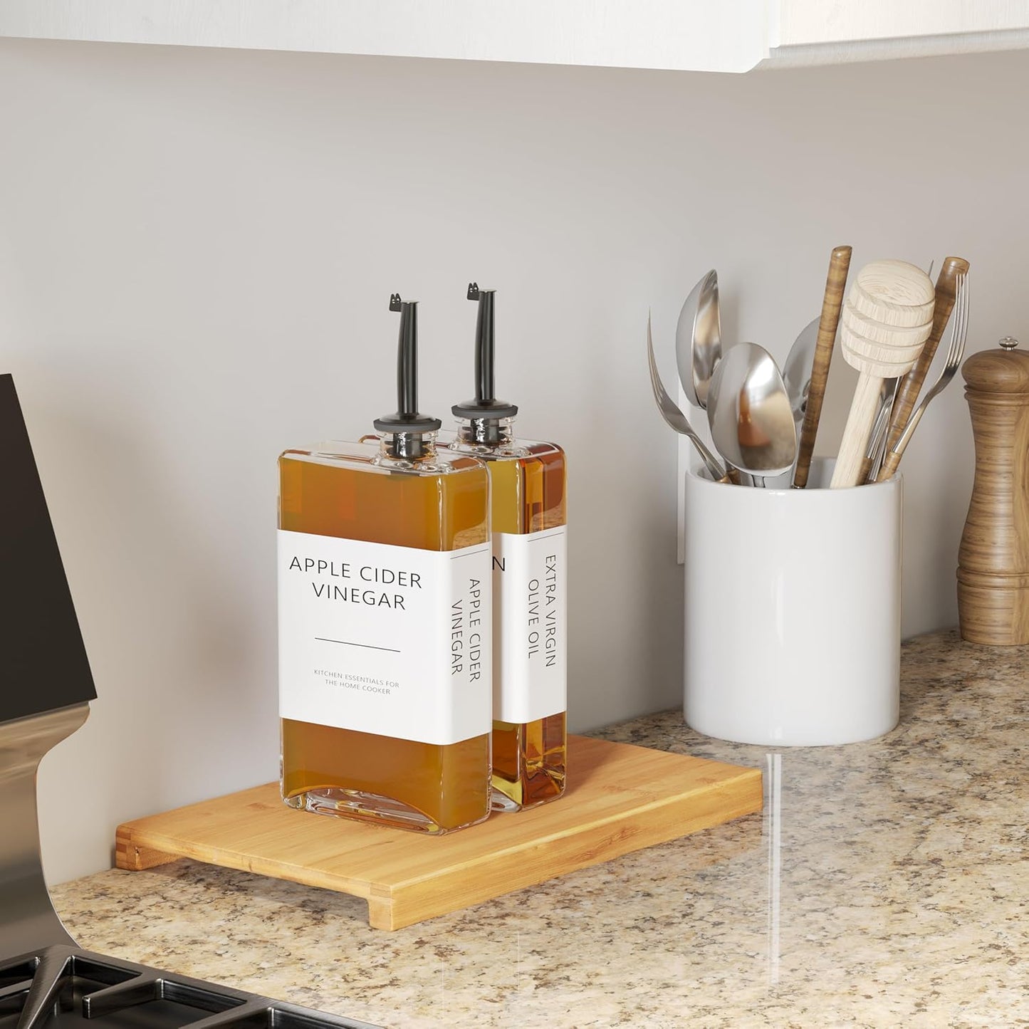 New England Stories Kitchen Cooking Oil Dispenser Set, Olive Oil and Vinegar Bottles, Soy Sauce Dispenser - 4 Pieces, Black, Durable & Stylish Design