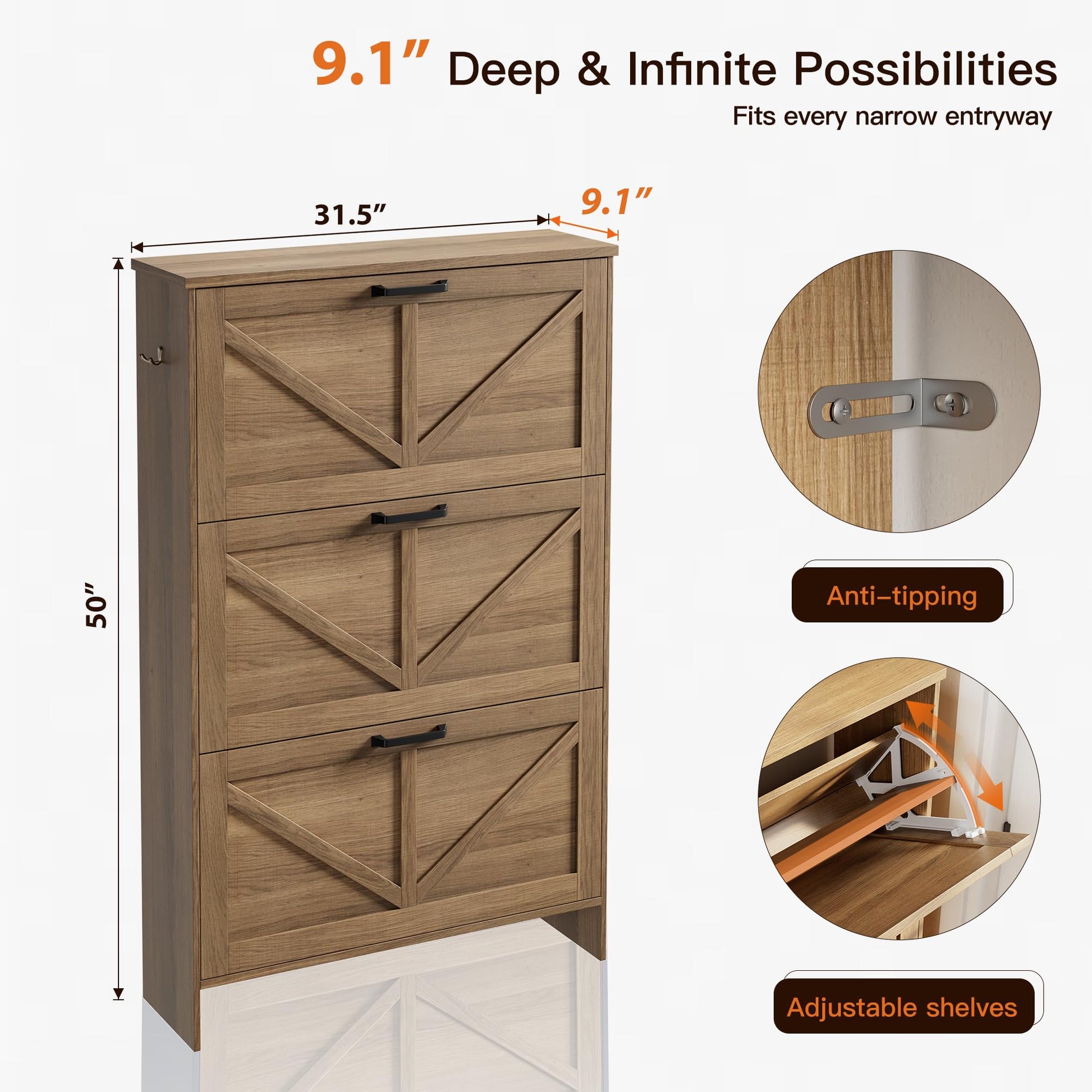 Nicetree 3-Drawer Flip Shoe Storage Tower – Slim-Profile Freestanding Rack with Adjustable 3-Tier
