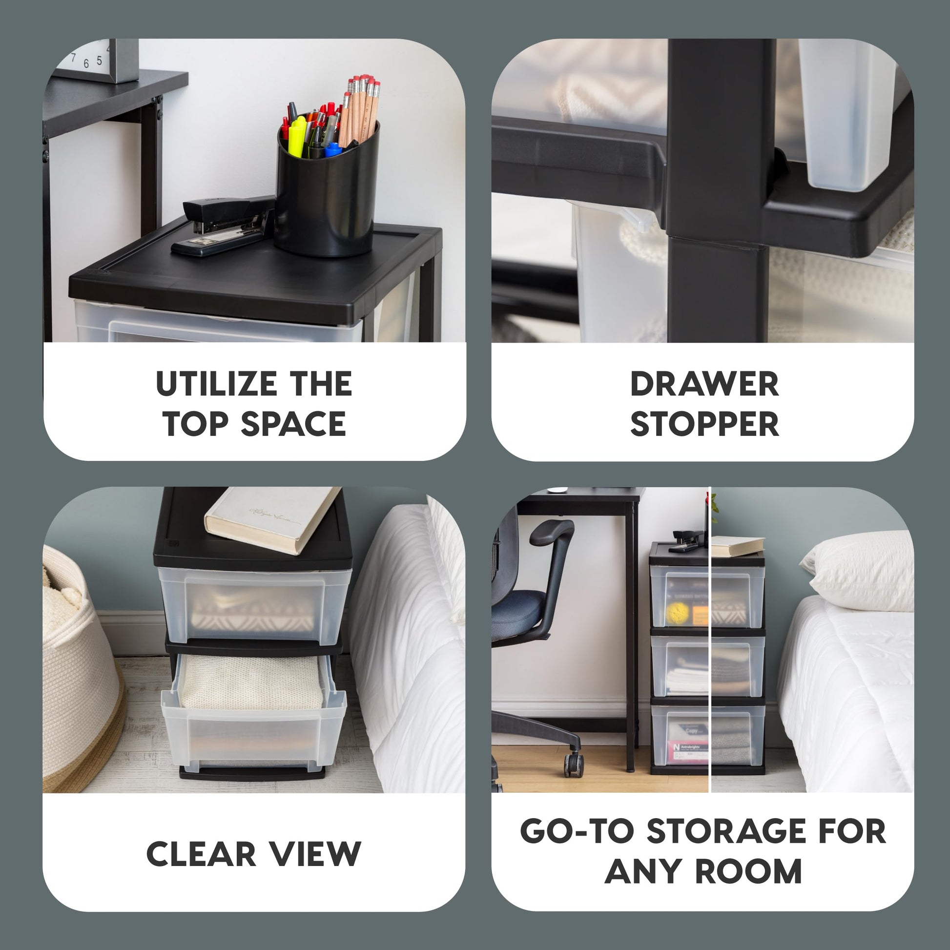 IRIS USA 3-Drawer Slim Narrow Storage Organizer, 2-Pack, Black/Clear