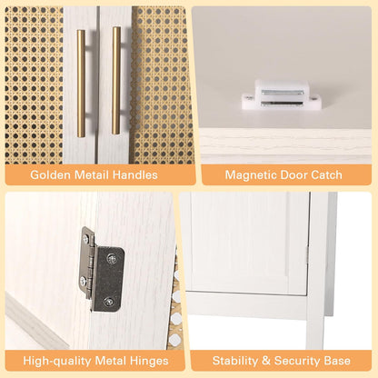 MISHAO 71" Kitchen Pantry Storage Cabinet, Tall Storage Cabinet with Rattan Doors & Adjustable Shelves, Freestanding Cupboard Wood Pantry for Kitchen, Living Room, Dining Room Hallway, White