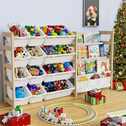 Large Toy Storage Organizer with Bookshelf, Toy Organizers and Storage with 12 Storage Bins, 4 Tier Multipurpose Toys Organizer Storage for Kids Room, Playroom, Nursery Room, White