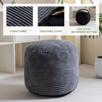 HIGOGOGO Round Stuffed Pouf Ottoman, Corduroy Poufs with Foam Chunk Filling, Furry and Fluffy Pouf Foot Stool Storage Ottoman, 20 X 15 Floor Poufs Foot Rest for Living Room, Dark Grey