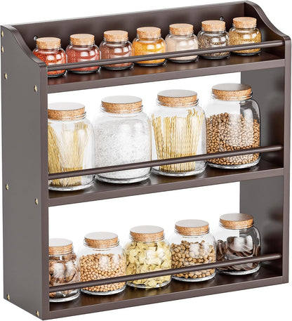 3 Tier Bamboo Wood Spice Rack, Seasoning Bottles Jars Organizer Shelf for Spices or Craft Supplies, Kitchen Counter or Wall Mounting (Brown)