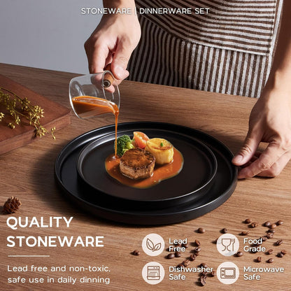 Onader 24 Piece Stoneware Dinnerware Sets with Pasta Bowls, Kitchen Dinner Dishes Set for 6, Plates and Bowls Dishware Dining Ware - Ebony Black