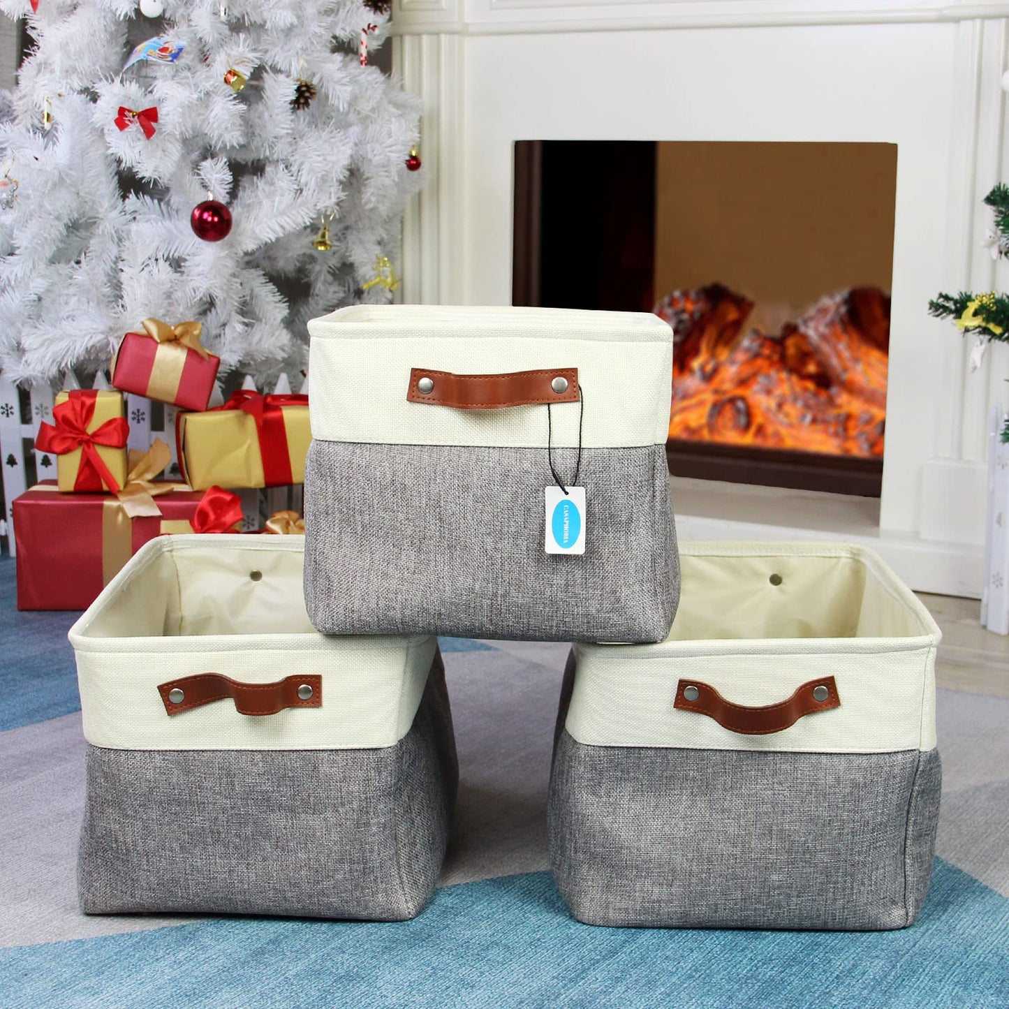 Casaphoria 3Pcs Collapsible Cube Fabric Storage Baskets with Handles,Foldable Canvas Storage