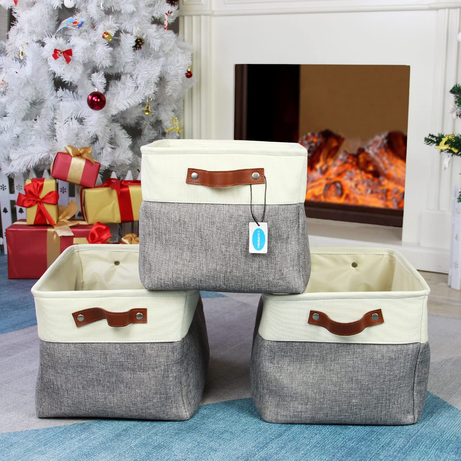 Casaphoria 3Pcs Collapsible Cube Fabric Storage Baskets with Handles,Foldable Canvas Storage