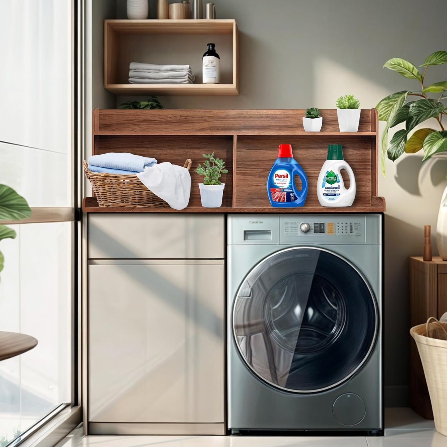 Royxen 2-Tier Washer Dryer Countertop,19.5" H Wood Washer and Dryer Topper with Shelf,Laundry Countertop Over Washer and Dryer, Universal Fit for Laundry Room Organization (Walunt, 54" WX27.5 D)