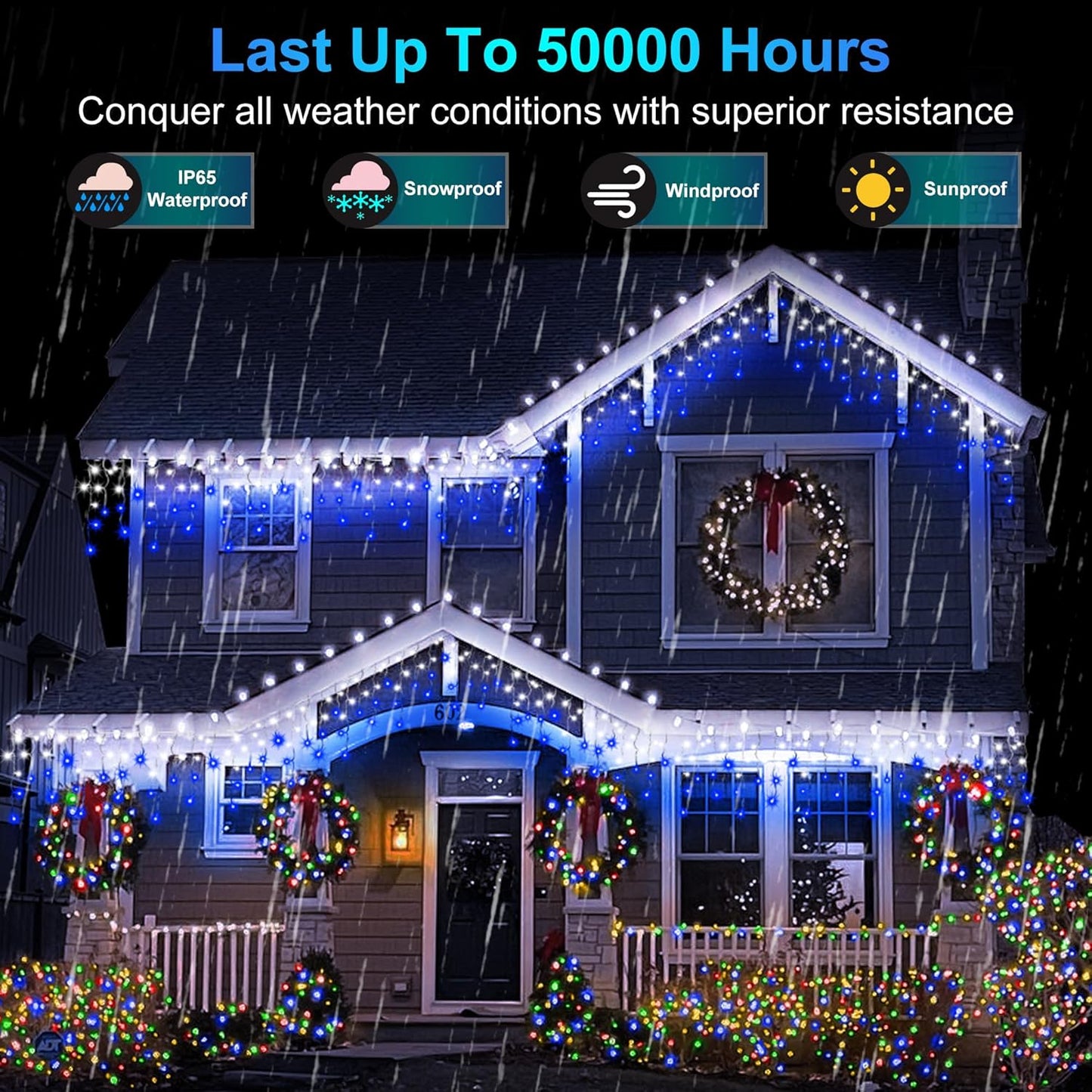 612 LED 60FT Christmas Lights with 136 Drops, 12 Modes Dimmable CoolWhite & Blue Outdoor Hanging Lights with Timer Memory, Waterproof Curtain Lights for Bedroom Yard Indoor Window Roof Fence Wedding
