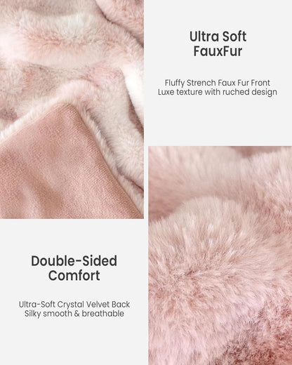 Faux Fur Blanket, Twin Size Oversized Throw Blanket for Couch, Fluffy Blanket with Stretch Ruched Design, Ultra Soft Giftable Home Decor, 60x80 inches, Tie-Dyed in Pink