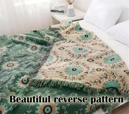 Boho Throw Blanket for Chair Couch Bed 90''x 98'', 100% Cotton Quilt Floral Mexican Blanket Muslin Gauze Blankets Super Soft Lightweight Versatile KnitWoven Bed Blanket for Home Decor