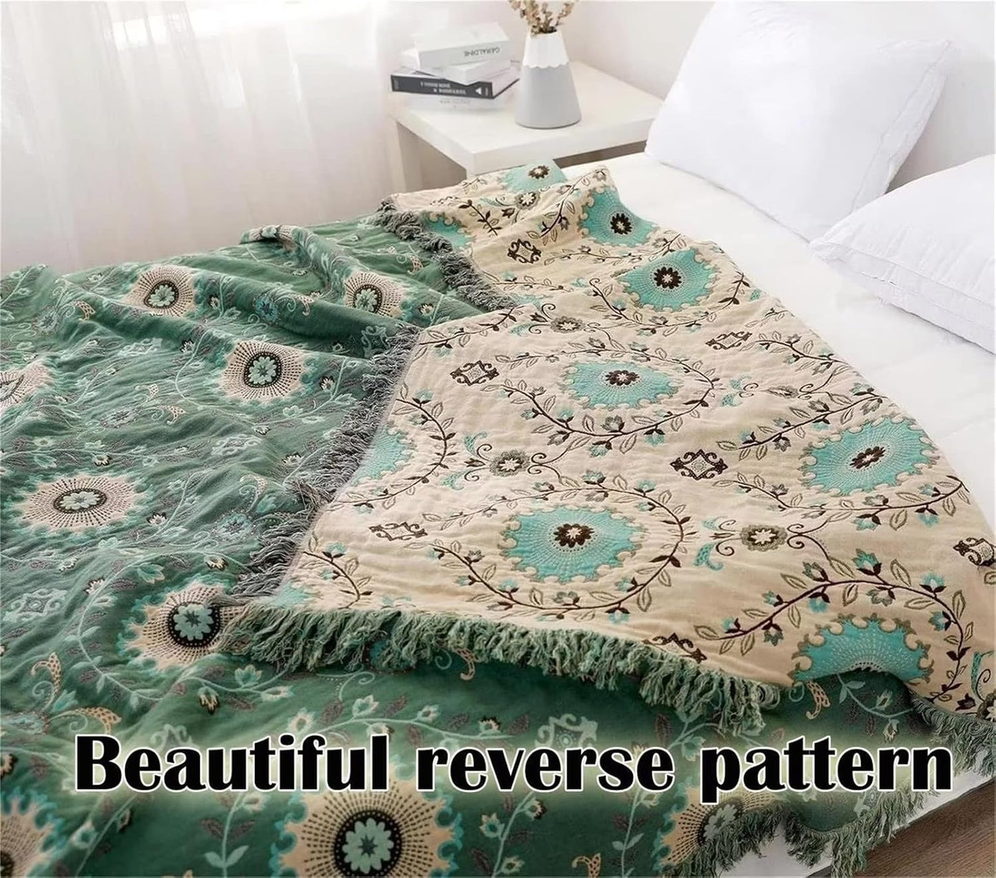 MSGKV Green Boho Throw Blanket for Bed Couch,100% Cotton Mexican Picnic Blankets Travel Blanket 80''x 90'', Super Soft Lightweight Muslin Blanket for Bedroom Living Room Boho Decor