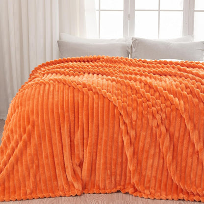 NEWCOSPLAY Super Soft Fall Queen Blanket Orange Premium Silky Flannel Fleece 3D Ribbed Jacquard Lightweight Bed Blanket All Season Use (Orange Ribbed, Queen(90"x90"))