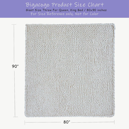 Bigacogo Chunky Knit Throw Blanket for Couch, 80x90 inches, 100% Hand Knitted with Thick Jumbo Chenille Yarn, Cozy Soft Large Rope Knot Cable Crochet Blankets for Sofa Bed Living Room, Ivory