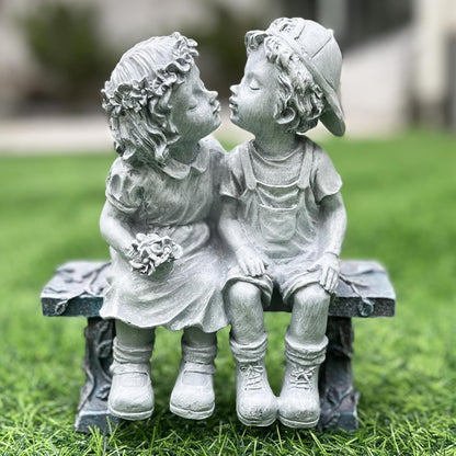 Elenon Boy and Girl Garden Statue Outdoor Decorative, Couple First Kiss Garden Sculpture for Yard Patio Art Flower Bed Decoration, 8 1/4" L x 4 3/4" W x 9" H