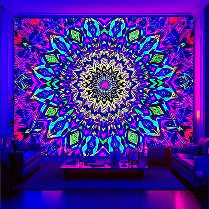 PSYHILAR Blacklight Mandala Tapestry for Bedroom, Medium Black Light Posters for Adults and Teens, Colorful UV Reactive Aesthetic Bohemian Wall Art Decor (60 x 50 Inches)