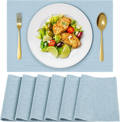 Cloth Placemats, Set of 6 Heat-Resistant Cotton Linen Blend Double Layered Machine Washable Place Mats, Wrinkle Free Thick Fabric Dining Table Mats for Indoors & Outdoors (Sky Blue, 6)
