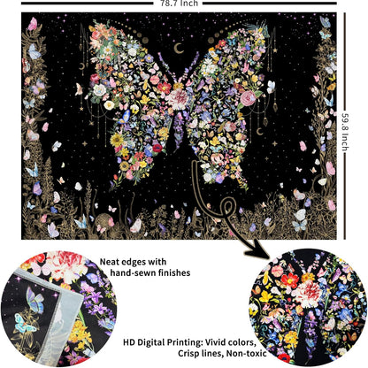 Damanse Butterfly Tapestry Wall Hanging Cute,Boho Wall Tapestry for Bedroom Aesthetic,Flower Living Room Decor for Teen Girls (Black, 59.80" x 78.70")