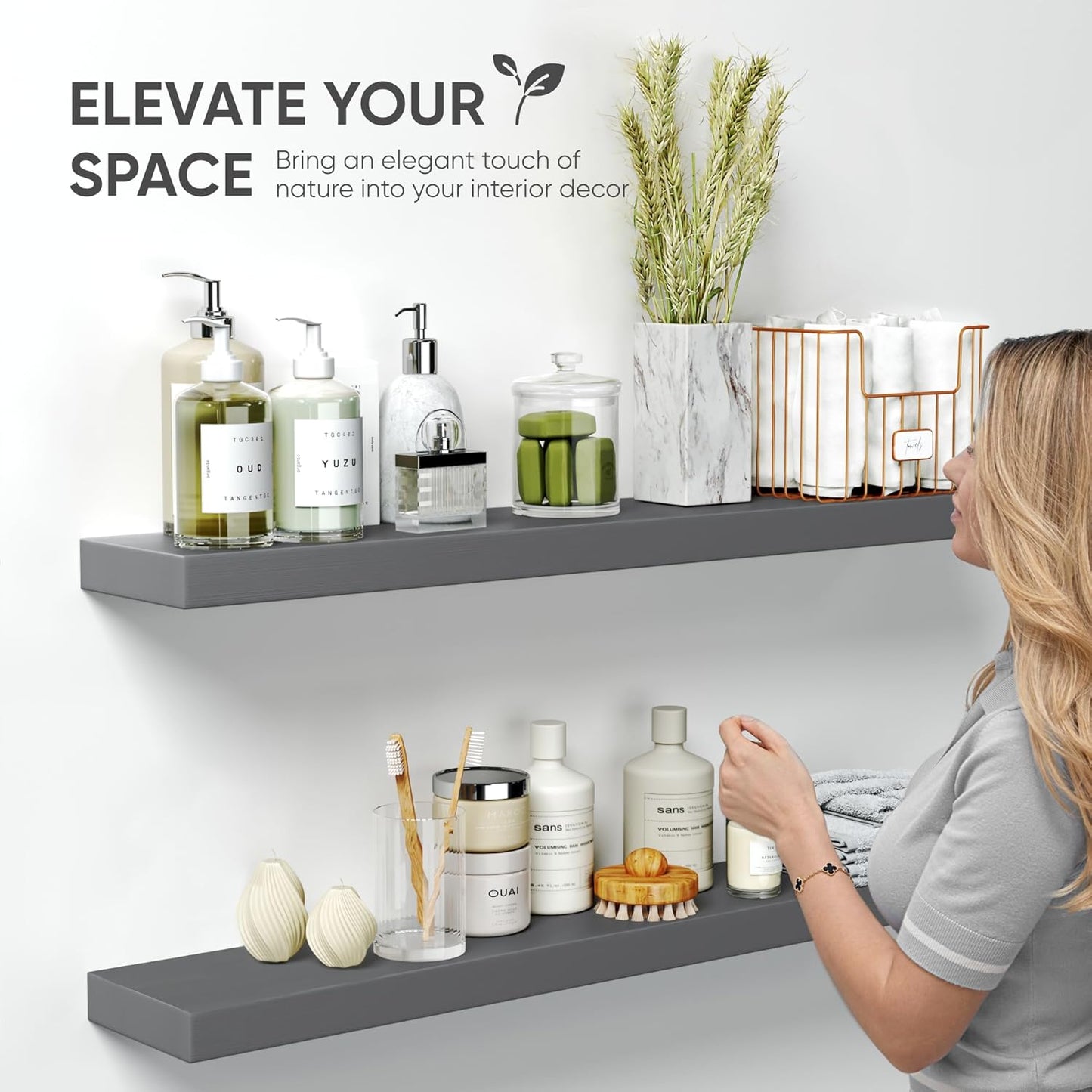 Homeforia 36 inch Gray Floating Shelves, High End Solid Real Wood 36inch Floating Shelf for Wall Mounted, Grey Wooden 36 inches Long Floating Shelves, Heavy Duty Bracket, 36 X 6.5 X 1.75 in, Set of 2