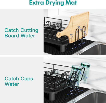 Black Stainless Steel Dish Drainers Drying Rack for Kitchen Counter with Drainboard Set, Rust Proof Metal, Space Saving, Modern Aesthetic, Compact Plates Strainers with Extra Mat