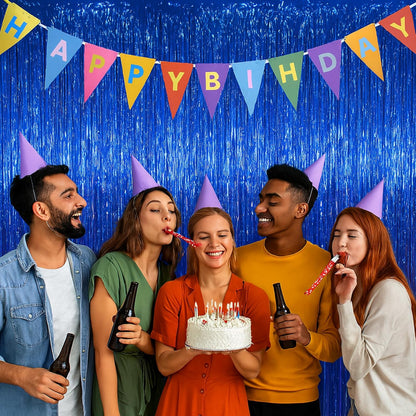 3 Pack 3.3x8.2 Feet Blue Foil Fringe Backdrop Curtains, Tinsel Streamers Birthday Party Decorations, Fringe Backdrop for Graduation, Baby Shower, Gender Reveal, Disco Party