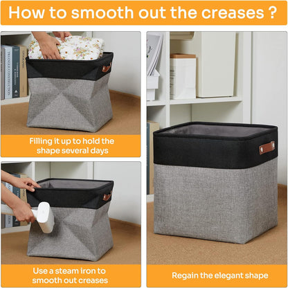 DULLEMELO Storage Bins for Organizing,Closet Storage Baskets for Gift Empty,Large Linen Canvas Storage Bins with Handles for Home Office Toys Shelves(Black&Grey, 13 inch Cube)