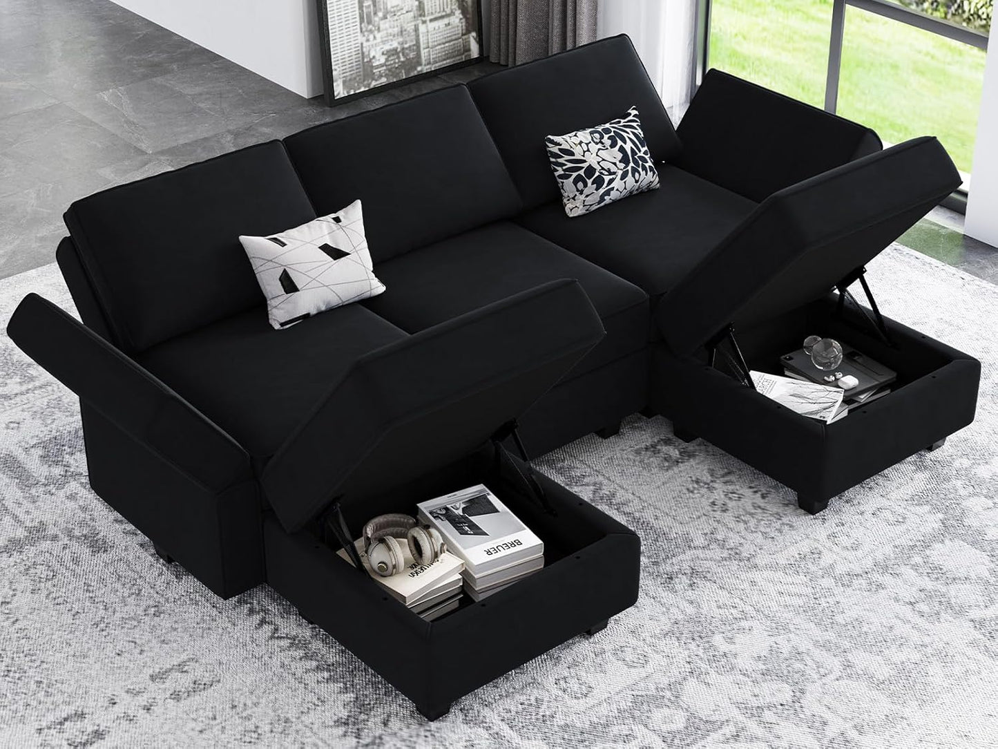 Belffin Modular Sectional Sofa with Double Chaise Velvet U Shaped Sofa Reversible Sectional Couch with Storage Black