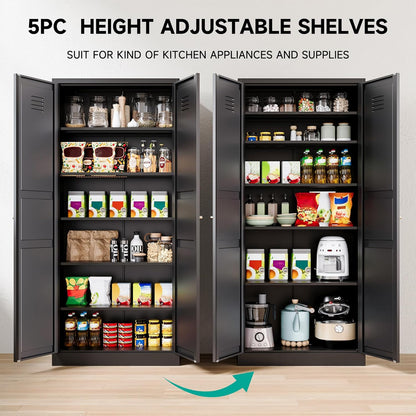 SISESOL Black Storage Cabinet,71" Tall Pantry Cabinet,Kitchen Pantry Storage Cabinets with 2 Doors and 6 Shelves,Wide Deep Metal Food Cupboard for Home,Kitchen,Dining/Living Room