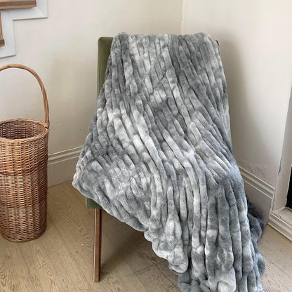 Faux Fur Blanket, Throw Blanket for Couch, Fluffy Blanket with Stretch Ruched Design, Ultra Soft Giftable Home Decor, 50x60 inches, Tie-Dyed in Gray