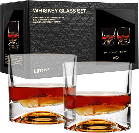Rocky Mountains Heavy Crystal Whiskey Glasses Gift Set of 2, Thick Freezable Bourbon Glass 1lb