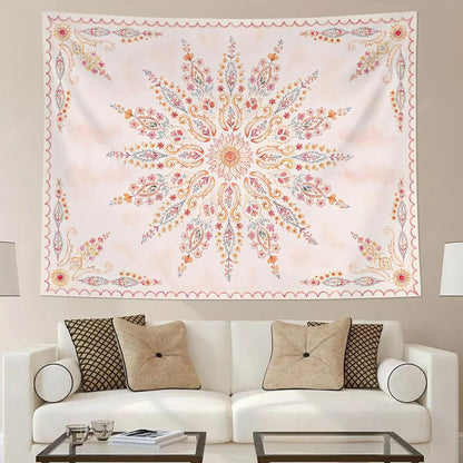 Fowocu Boho Floral Mandala Tapestry for Bedroom Aesthetic Pink Bohemian Flower Wall Tapestry Watercolor Hippie Indian Small Tapestries Wall Hanging for Living Room Dorm Decor 48 x 36 Inch
