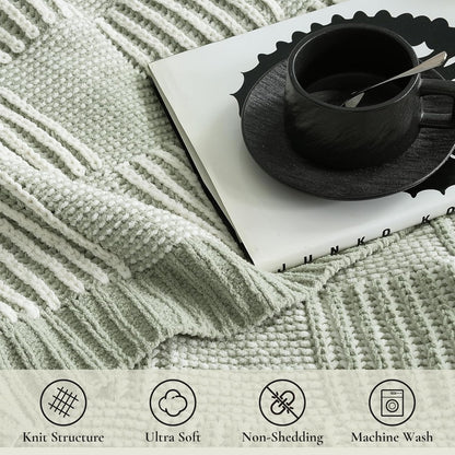 Amélie Home Chenille Knit Throw Blanket for Couch, Checkered Texture Decorative Soft Blanket for Sofa, Bed & Living Room, 50"x60", Sage Green & White
