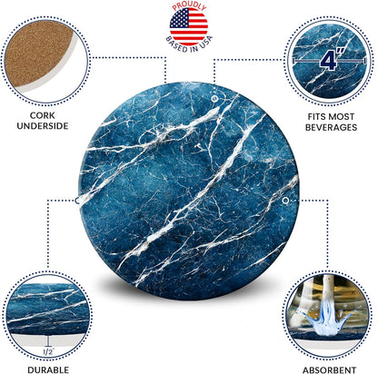 Emerson Coasters for Drinks Absorbent – Dining Table Set of 6 with Holder, 100% Ceramic Wooden Tabletop Protection Marble Style - Non-Slip & Cork Bottom - Heavy Duty (Blue Streak)