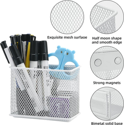 dedoot Magnetic Pencil Holder, Locker Pencil Holder Strong Magnetic Holder for Whiteboard Marker, 4.7x2.3x3.7inch Black Mesh Magnetic Holder for Fridge, Sponge, Recipe, Beverage,White