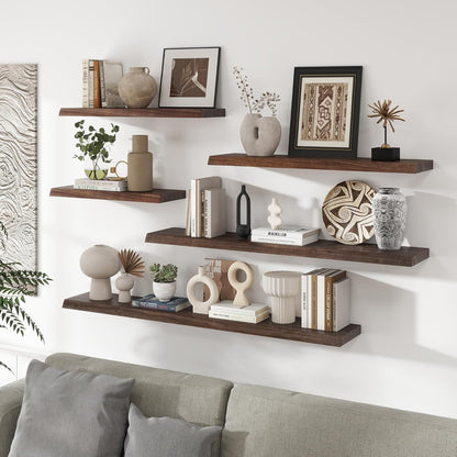 RICHFOCUS Live Edge Elm Floating Shelves - 30" W x 9.3" D Rustic Solid Wood Wall Shelves with Invisible Bracket, Wall-Mounted for Living Room, Bedroom, Kitchen Storage & Display, Set of 2, Walnut