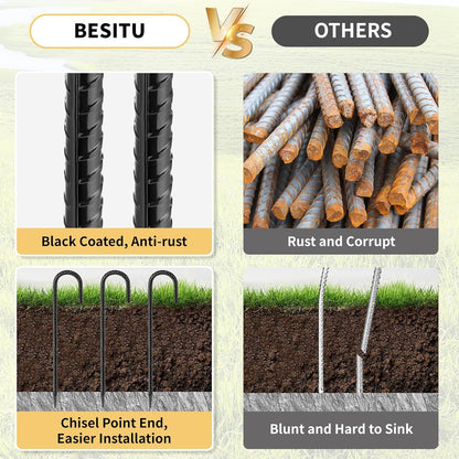16 Inches 24-Pack J Hook Rebar Stakes Heavy Duty Tent Stakes with Chisel Point End, Steel Ground Anchors Metal Garden Stakes Chain Link Fence Stakes Black Coated