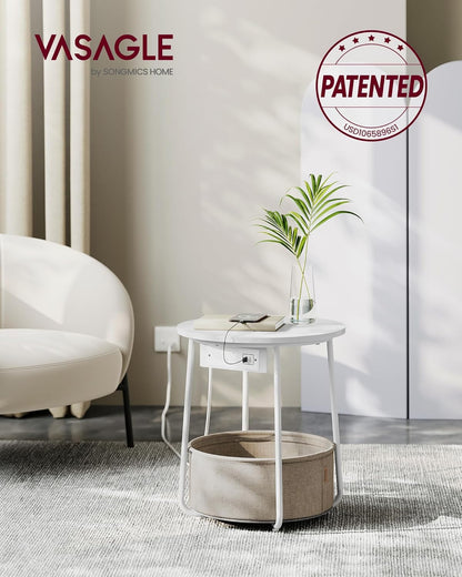 VASAGLE Side Table with Charging Station, Round End Table with Fabric Basket, Nightstand with Power Outlets, USB Ports, for Living Room, Bedroom, Modern, Matte White and Camel Brown ULET228W01