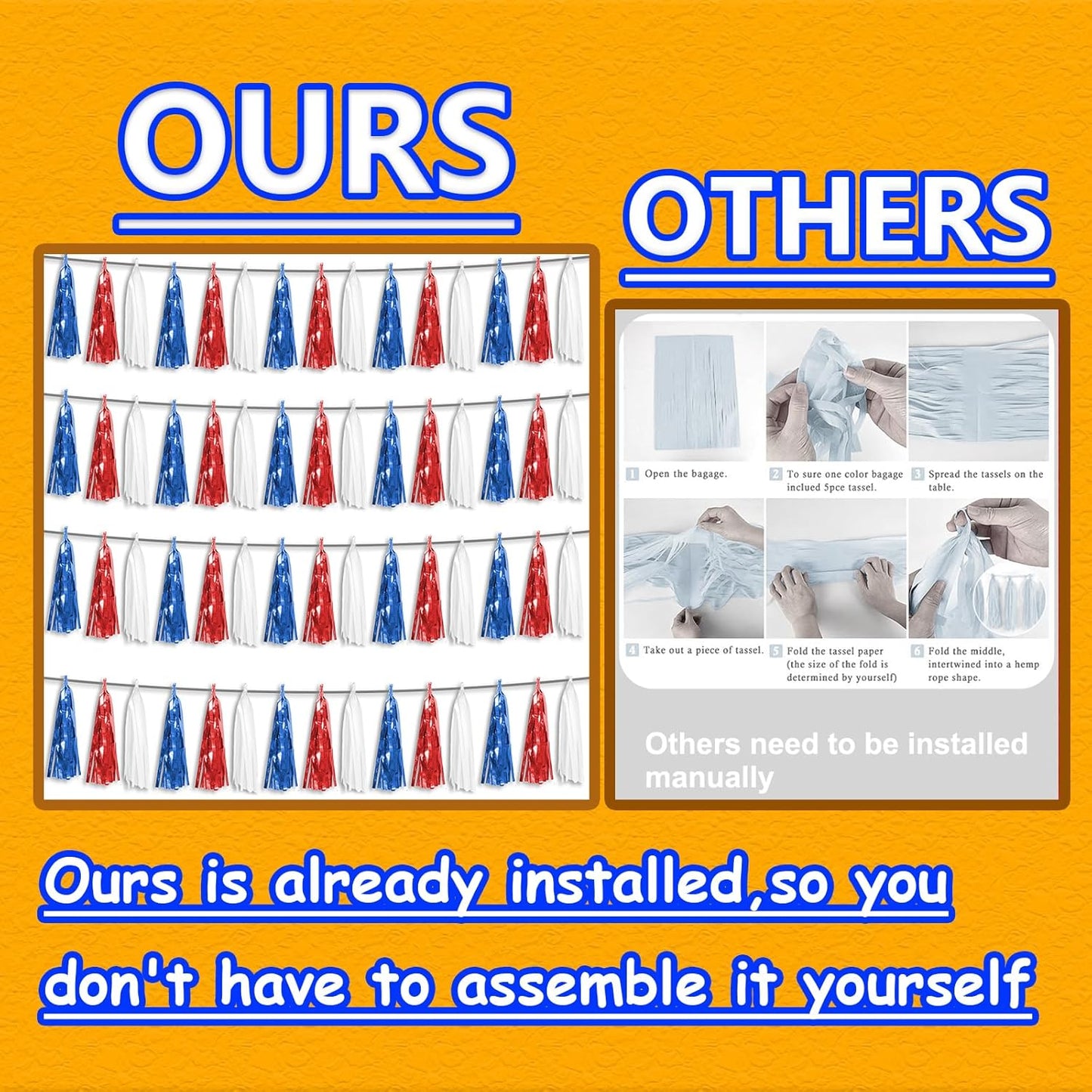 4P Red Blue White Foil Fringe Metallic Tassel Streamers Banner Tassel Garland for Parade Floats, Graduation, Wedding, Birthday, Halloween, Christmas, Independence Day, 4th of July, Party Decorations